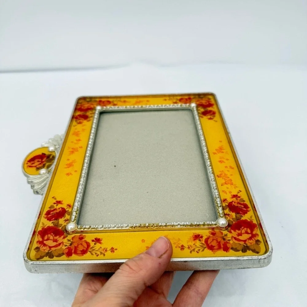 Picture Frame Yellow Floral Enameled Faux Pearl Rhinestone Shabby Chic VTG